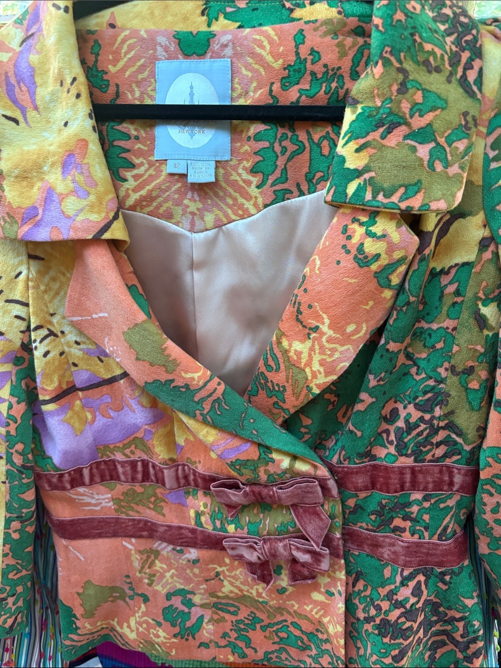 Vintage Y2K Tracy Reese Multi Floral Velvet-Trim Blazer in Green, Orange, Pink